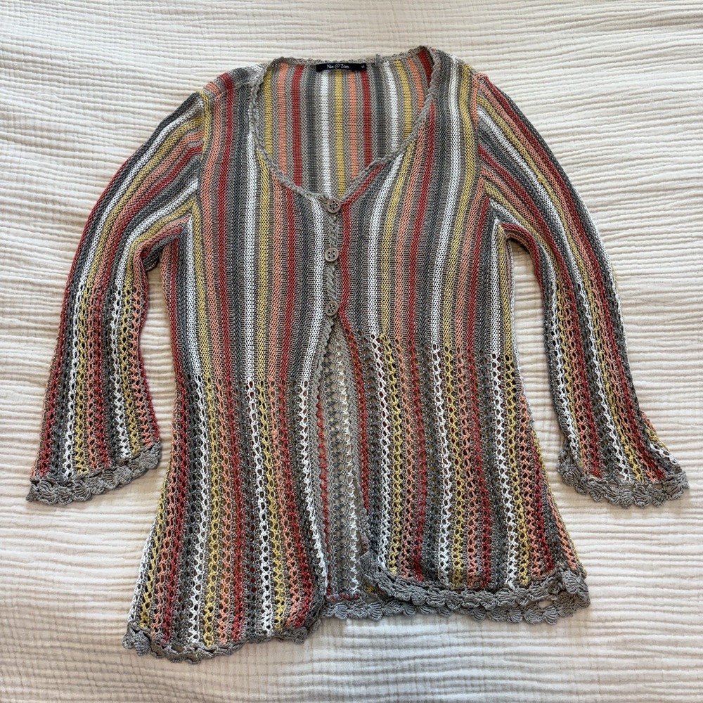 Nic + Zoe Cardigan Womens Sz Small Multicolored Open Knit Linen‎ Blend Boho